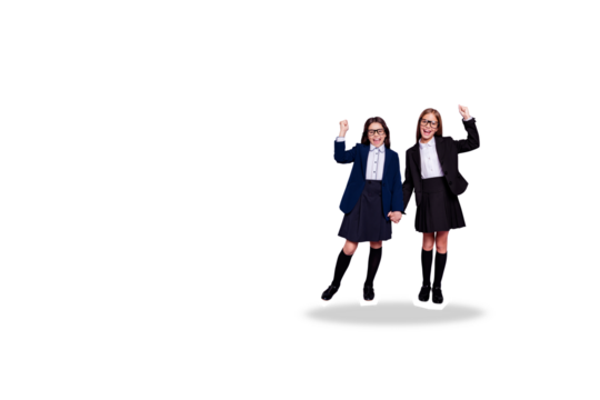 Composite photo collage of two happy blonde brunette school classmates girls wave hands greeting gesture isolated on painted background