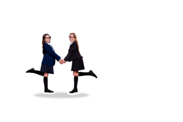 Composite photo collage of two happy blonde brunette school classmates girls dance jump together education isolated on painted background