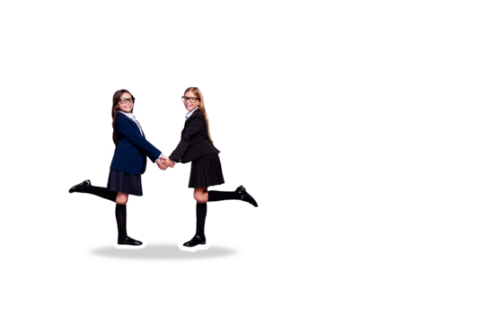 Composite photo collage of two happy blonde brunette school classmates girls dance jump together education isolated on painted background - Powered by Adobe