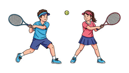 Tennis Match: Two young players, engrossed in a dynamic tennis match, their racquets poised to strike the ball with precision and skill. Capturing the essence of youthful competition.