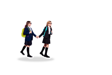 Composite photo collage of two happy blonde brunette school classmates girls walk wear backpack study isolated on painted background