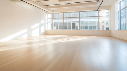 Obraz premium Bright, empty room with hardwood floors and large windows letting in sunlight. Spacious, versatile interior perfect for various uses.