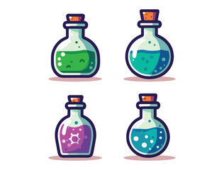 Colorful Cartoon Elixir Bottle Collection – Fun Magical Potions Vector Art. Fantasy Witchcraft Potion Icon Pack – Adorable Bottles with Glowing Liquids