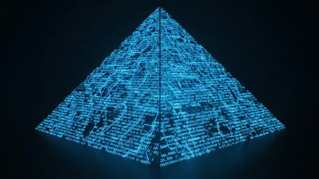 Futuristic Digital Pyramid Illuminated by Blue Light Showcases Intricate Patterns of Binary Code, Merging Technology, Innovation, and Architectural Mastery in Unique Visual Experience