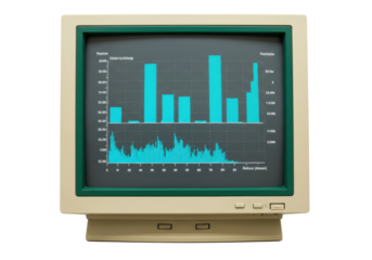 Isolated CRT display showing graphs, a vintage desktop computer monitor with 1980s style data