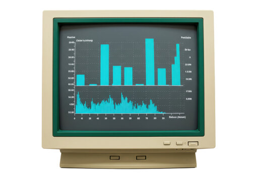 Isolated CRT display showing graphs, a vintage desktop computer monitor with 1980s style data
