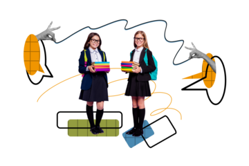 Composite photo collage of two happy school girls classmates hold book stack literature lesson preparation isolated on painted background