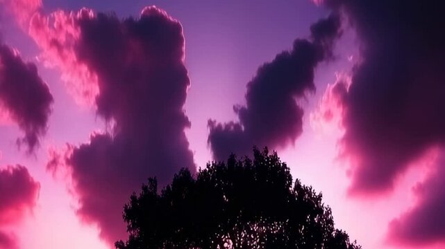 A silhouetted treetop under a magical, dramatic purple and pink sunset sky