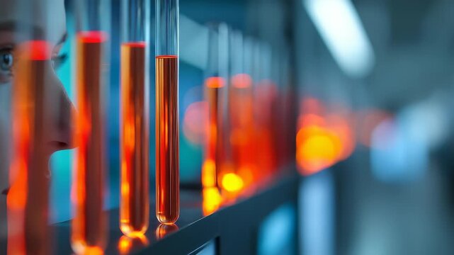 A scientist closely observes a row of test tubes filled with vibrant orange liquid in a modern laboratory setting. The scene highlights innovation and scientific discovery