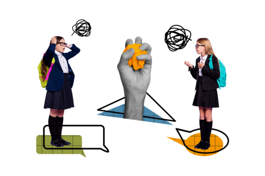 Composite photo collage of two astonished girls discuss school failure teacher hand hold crumpled paper isolated on painted background