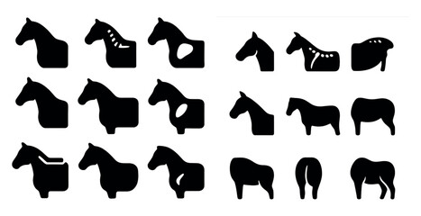 Fototapeta premium Equestrian silhouette icons set – solid, filled, horse and riding symbols