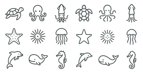 Obraz premium Marine life outline icons set – aquatic, silhouette, ocean and sea creatures symbols
