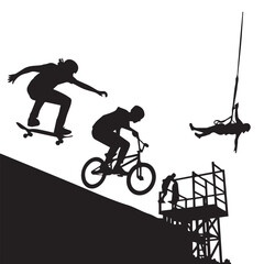 Obraz premium Extreme sports silhouettes. Skateboarder and BMX riders performing stunts and jumps vector illustration.