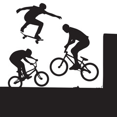 Obraz premium Extreme sports silhouettes. Skateboarder and BMX riders performing stunts and jumps vector illustration.