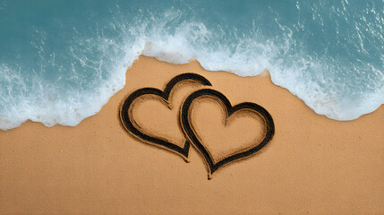 Two hearts drawn in the sand are washed by the sea. A beautiful depiction of love, peace, and serenity