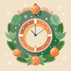 Clock with Christmas wreath and ornaments in flat vector style, festive holiday countdown concept with snowflakes and evergreen leaves on beige background