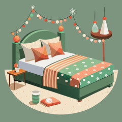 Cozy decorated bedroom with festive string lights and pillows in flat vector style, modern holiday interior design for winter home comfort