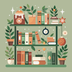 Bookshelf with colorful books, potted plants, and Christmas decorations in flat vector style, cozy holiday reading corner interior design