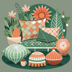 Cozy bohemian interior with decorative pillows, plants, and lanterns in warm earthy tones representing home comfort, relaxation, and modern decor style