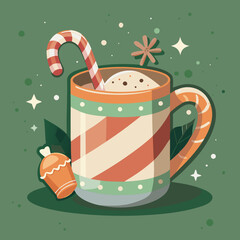 Festive striped mug with hot chocolate, candy cane, and cookie in flat vector style, Christmas holiday treat on green background with stars and sparkles