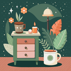 Cozy nightstand with mugs, candle, and plants in flat vector style on dark green background with stars, relaxing evening home decor concept