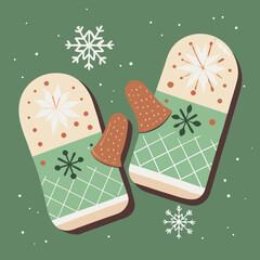 Winter mittens with snowflake patterns in flat vector style on green background with snowflakes, cozy holiday clothing for cold weather season
