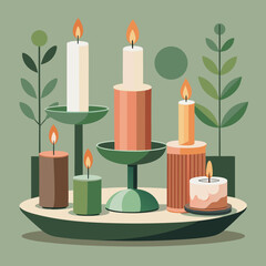 Colorful decorative candles burning on a tray with leaves in flat vector style, warm cozy ambiance, natural colors, home decor inspiration