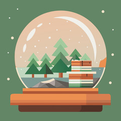 Snow globe with pine trees and stacked books in flat vector style, cozy winter scene symbolizing knowledge, calm, and holiday inspiration