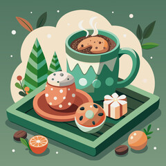 Cozy winter still life with hot drink, cookies, and sweets on wooden tray surrounded by plants and oranges representing warmth, comfort, and festive mood