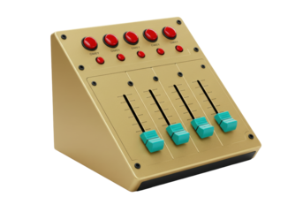 Isolated audio mixer with red buttons and aqua sliders for sound and music production