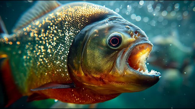 Piranha fish swim gracefully underwater, showcasing their sharp teeth and open mouths. This underwater realm highlights the beauty and power of these fascinating creatures Generative AI