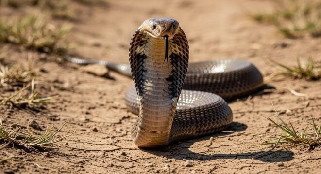 Venomous cobra snake with hood spread in defensive stance.