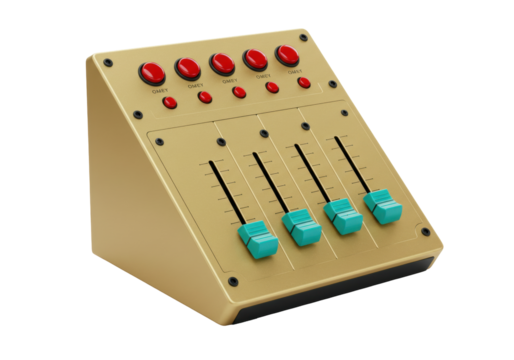 Isolated audio mixer with red buttons and aqua sliders for sound and music production