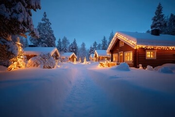 Winter Village at Night: Snow-Covered Cabins Illuminated with Warm Lights in a Festive Holiday Scene