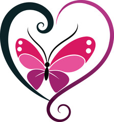 Silhouette of glitter-winged butterfly curled into a heart shape, vector isolated design.