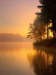 Golden sunrise illuminates a tranquil misty lake with silhouetted trees along the calm shoreline at dawn