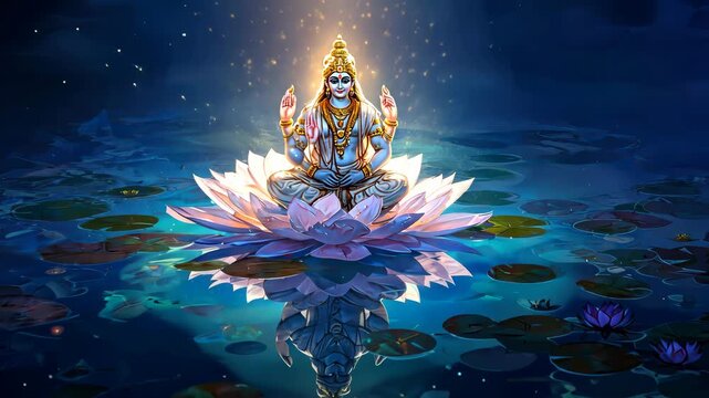 Vishnu sitting in meditation on a water lotus, reflections glowing in deep blue water, fantasy realism style, peaceful divine energy