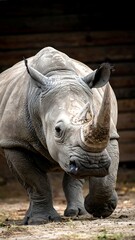 Fototapeta premium A grey rhino stands looking forward, with its large horn prominent