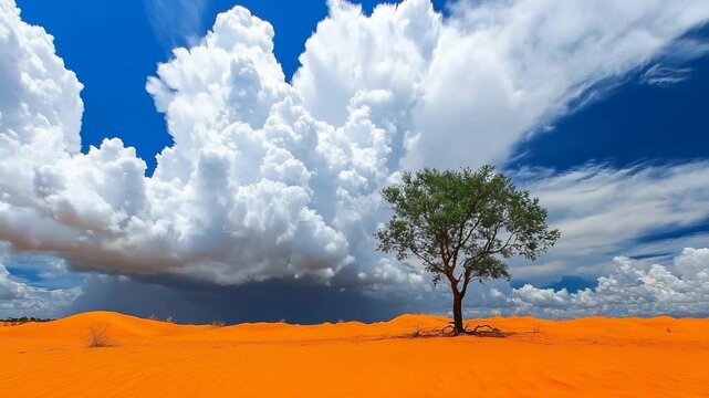A solitary tree on orange dunes beneath a vast, stormy sky with cumulus clouds