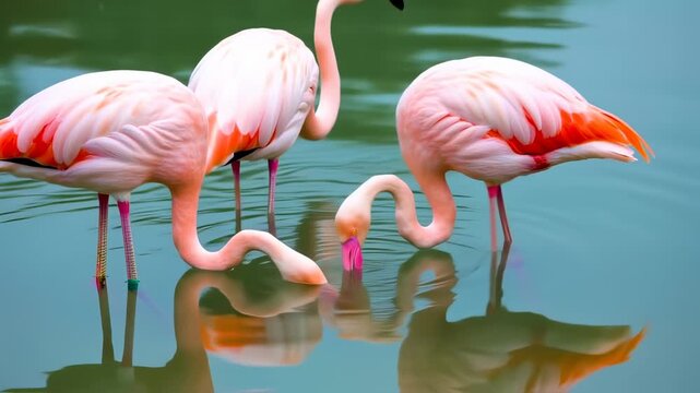 A flock of pink flamingos wading in serene water, some feeding with reflections