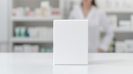 Product packaging mock-up stands ready. Retail pharmacy setting with shelves and a pharmacist in the background. Perfect for showcasing health goods.