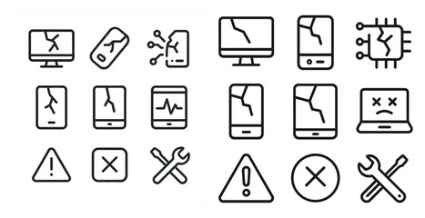 Broken device outline icons set &ndash; cracked, linear, technology and repair symbols