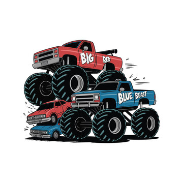 Powerful Monster Truck Illustration Featuring Red and Blue Vehicles Crushing Cars, Vector Graphic for T-shirt Design