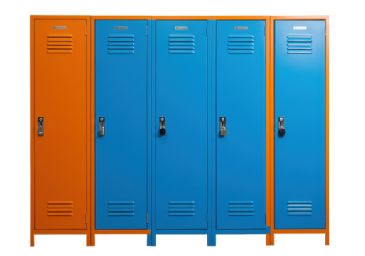 Isolated storage colorful metal lockers, organization cabinet for gym, school, employees, sports