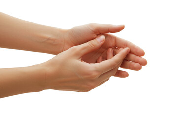 Isolated pair of hands with light skin gesture as if holding something small and precious