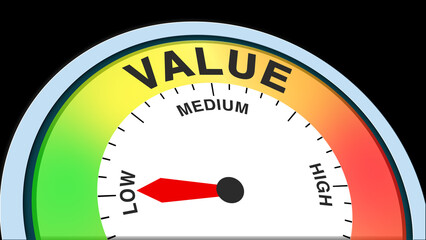 Value low, concept illustration showing minimal worth, weak importance, or reduced significance. Ideal for business, finance, or conceptual visuals in charts, meters, or text formats