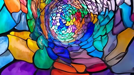 Abstract stained glass design featuring vibrant colors, creating a tunnel-like effect - Powered by Adobe