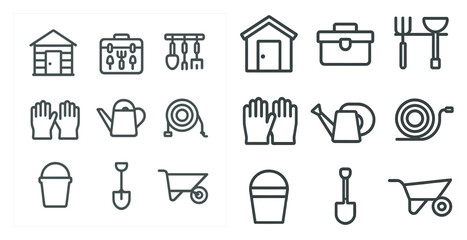 Fototapeta premium Gardening tools outline icons set – linear, line, garden equipment symbols
