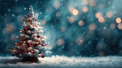 Obraz premium Festive Christmas Tree with Red Ornaments and Bokeh Lights in a Snowy Winter Scene