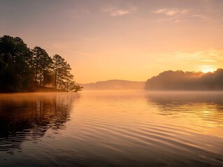 A tranquil sunrise paints a calm lake with soft golden light diffusing through morning mist with silhouetted trees along the shoreline